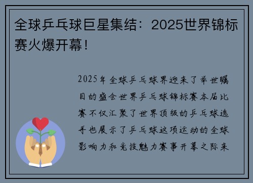 全球乒乓球巨星集结：2025世界锦标赛火爆开幕！